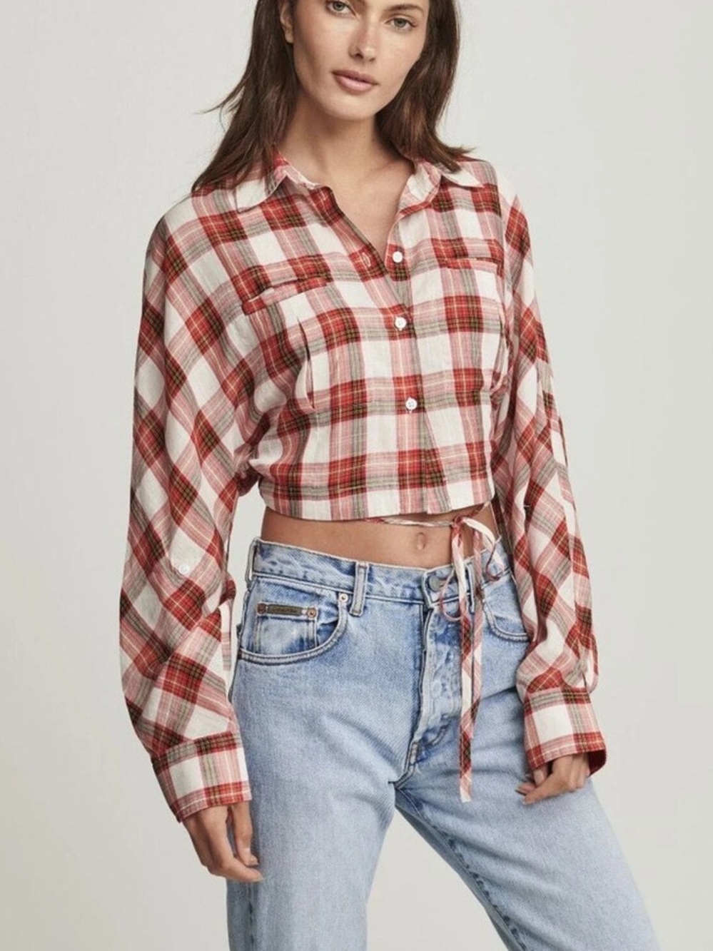 sundays Women's Cropped Plaid Button Down Shirt with Ties and Long Sleeves